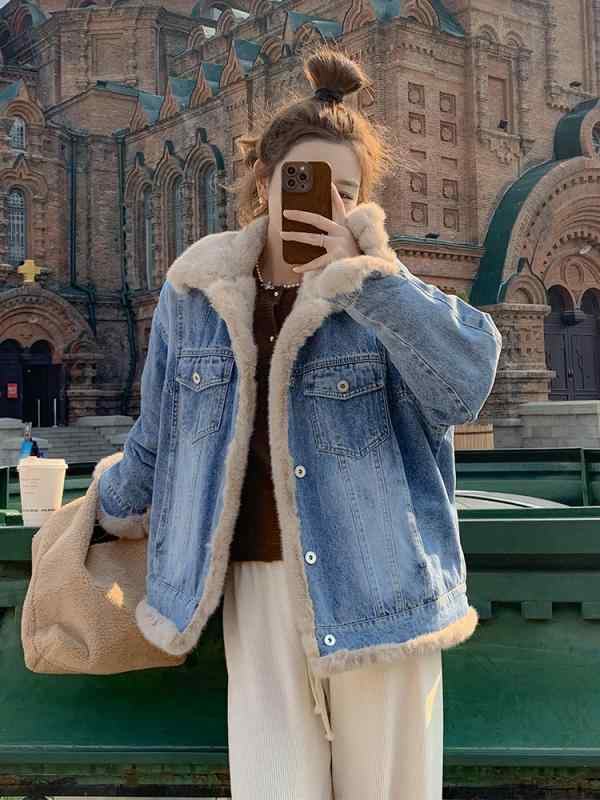 デニムジャケット レディース 秋冬 綿 長袖 裏ボア 厚手 暖かい ボタン ポケット ソフト ゆったり もこもこ カジュアル おしゃれ 青 防寒