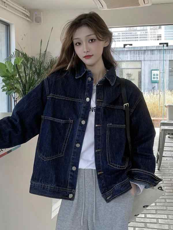 Rakuten - デニムジャケット レディース 春秋 韓国 長袖 ボタン ポケット ゆったり 綿 Gジャン カジュアル おしゃれ レトロ シンプル ボーイフレンド風 青