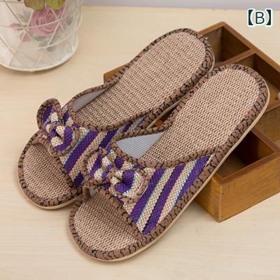ルームシューズ スリッパ 夏 快適 リネン 麻 室内 リビング キッチン 寝室 フロア サンダル オープントゥ 滑り止め 通気性 柔らかい シンプル おしゃれ 赤 紫 青 リボン ストライプ