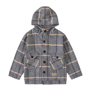 子供服 男の子 アウター 秋冬 コート シンプル きれいめ チェック柄 ジャケット 前ボタン フード付き 防寒 長袖 暖かい 青 グレー
