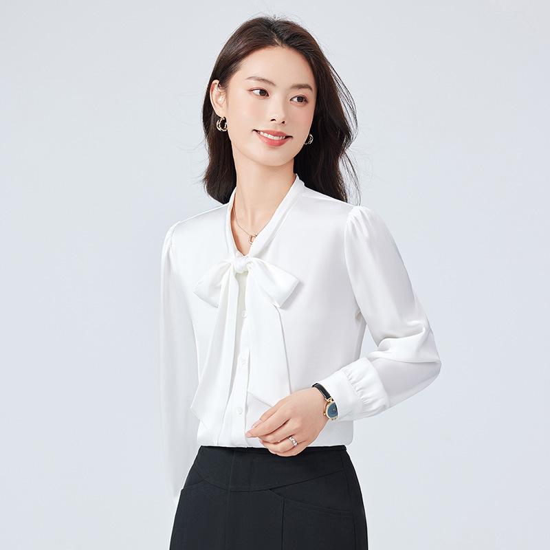 Rakuten - シャツ レディース 秋冬 ブラウス 通勤 ビジネス 事務服 長袖 リボン 蝶結び Vネック スリム 高級感 吸湿 伸縮性 竹繊維 ストレッチ トップス パールホワイト ブルー ピンク かわいい きれいめ 40代