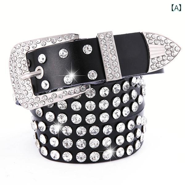 ベルト レディース 太め 韓国 レザー 牛革 ラインストーン 多用途 装飾 ワイド 合金 ピンバックル キラ..