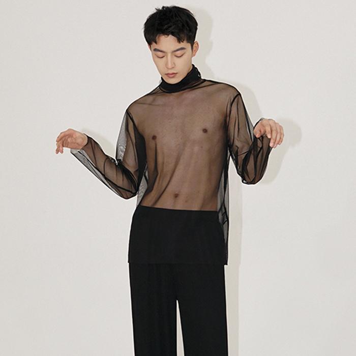 Turtleneck - メンズ トップス シアー シースルー セクシー 長袖 おしゃれ 透け 夏 秋 薄手 カジュアル タートルネック インナー 重ね着 メッシュ ロンT 韓国 白 黒