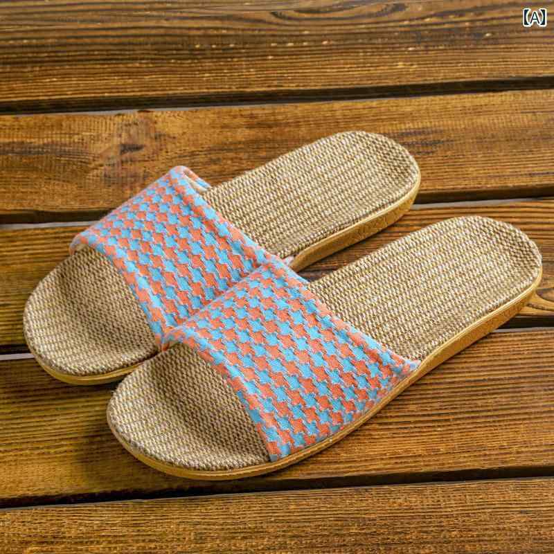 ルームシューズ スリッパ 夏 快適 リネン 室内 リビング 寝室 キッチン フロア サンダル 吸汗 通気性 滑り止め 柔らかい シンプル おしゃれ 赤 緑 青 リボン 千鳥格子 花柄