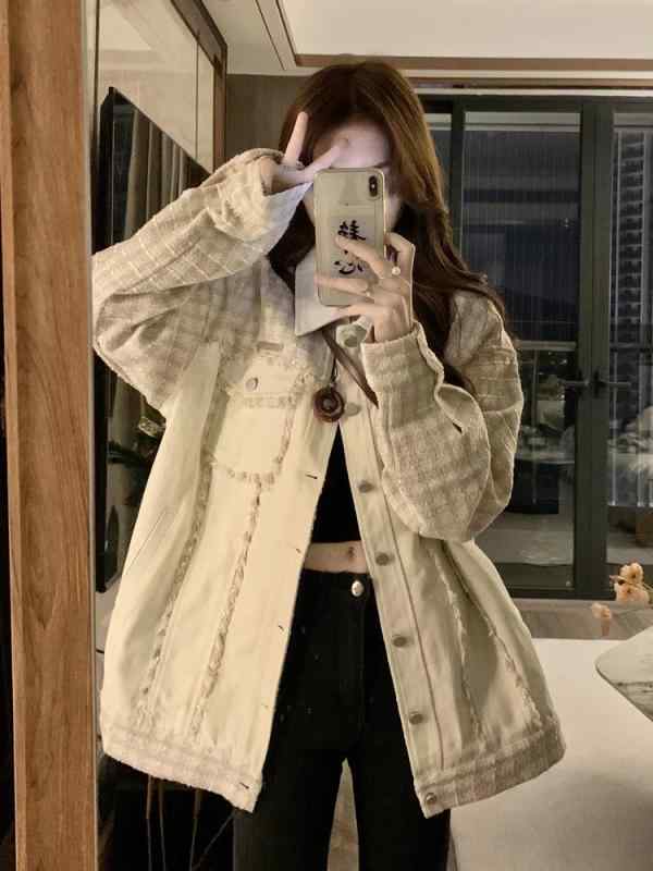 デニムジャケット レディース 秋冬 カジュアル かわいい 防寒 通勤 デート ゆったり 体型カバー チェック柄 ベージュ 大きいサイズ