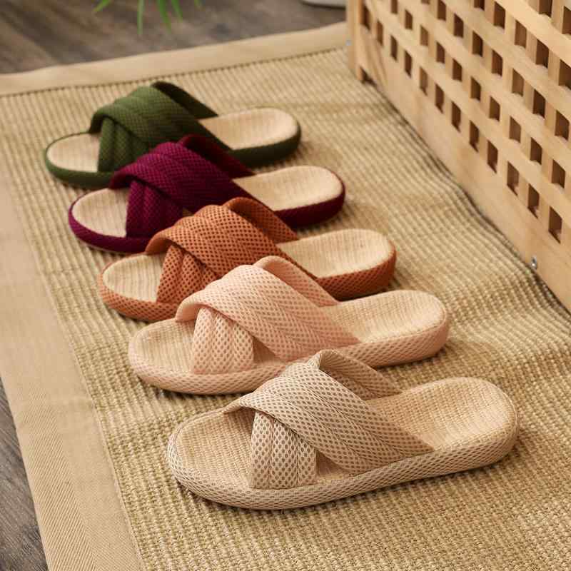 乐天商城 - ルームシューズ スリッパ 夏 快適 男女兼用 麻素材 リネン メッシュ 室内 リビング 寝室 キッチン 柔らかい 滑り止め 吸汗 通気性 シンプル おしゃれ 赤 ベージュ カーキ