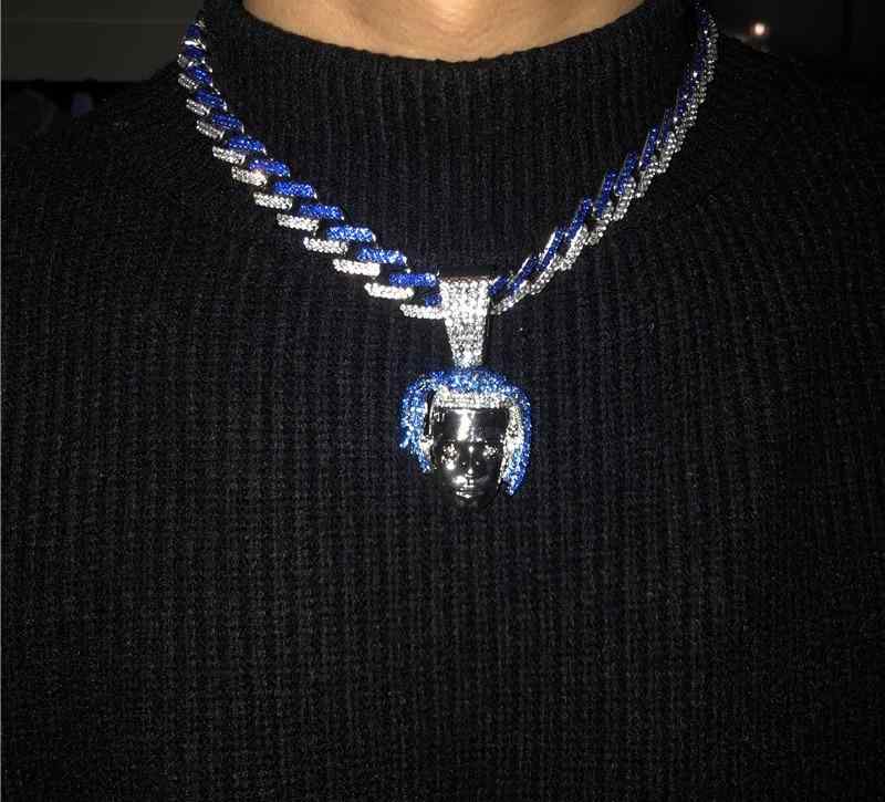 ネックレス メンズ アクセサリー 極太 ヒップホップ スクエア カラーストーン キューバ チェーン ペンダント セット ストリート ラップ シルバー ブルー 合...