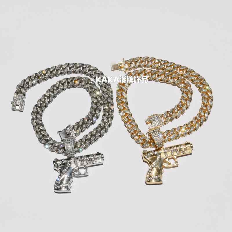 ネックレス メンズ アクセサリー レディース 極太 ヒップホップ クール ピストル ストーン ペンダント セット ラップ キューバ チェーン シルバー ゴールド...
