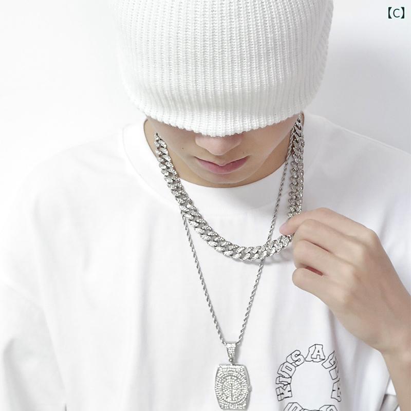 ネックレス メンズ アクセサリー 極太 ヒップホップ ラインストーン キューバ チェーン ブレスレット セット 厚い シルバー ゴールド ピンク クール 合金