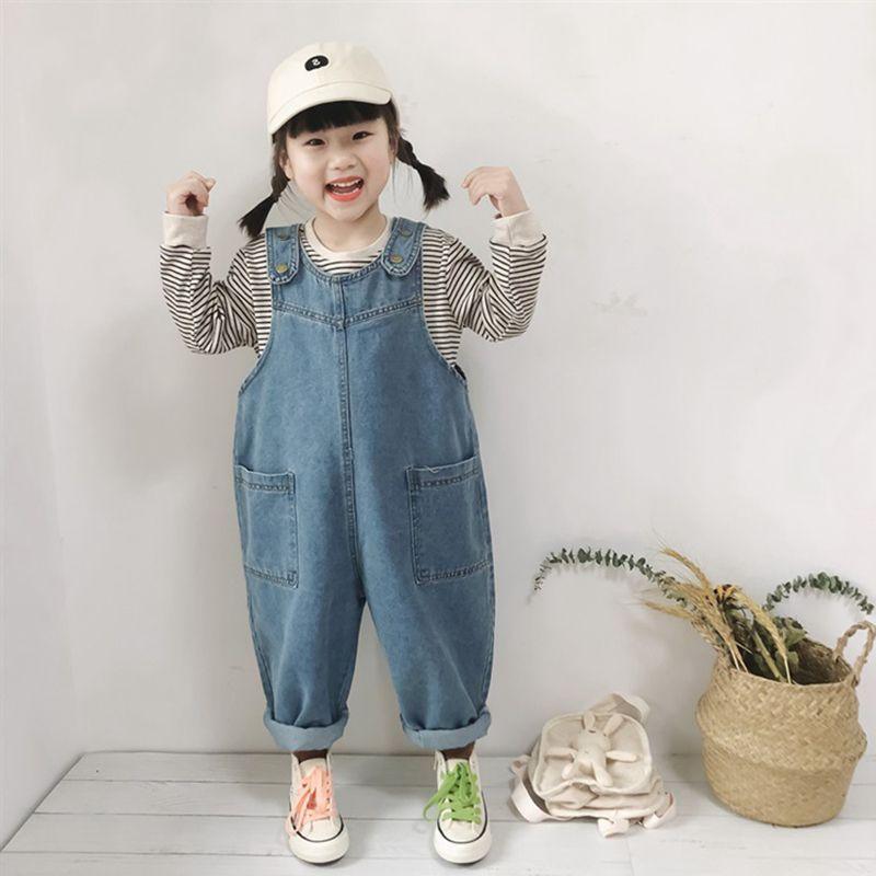 サロペット キッズ 男の子 女の子 通年 おしゃれ カジュアル ベビー オーバーオール ロング デニム 韓国 ゆったり ボタン ポケット 青 グレー(4)