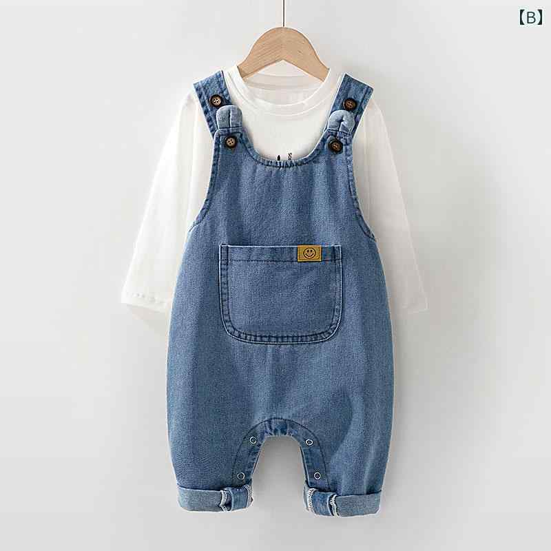 フロントップ楽天市場店のサロペット キッズ ベビー デニム オーバーオール 春秋 男の子 女の子 幼児 ロング 股下開閉 ボタン ポケット おしゃれ カジュアル 青 セット｜アングル2