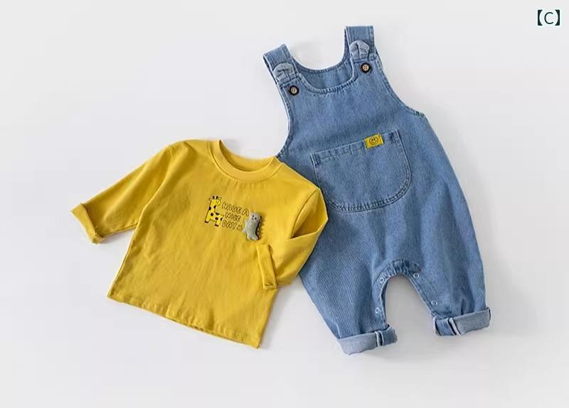 フロントップ楽天市場店のサロペット キッズ ベビー デニム オーバーオール 春秋 男の子 女の子 幼児 ロング 股下開閉 ボタン ポケット おしゃれ カジュアル 青 セット｜アングル3