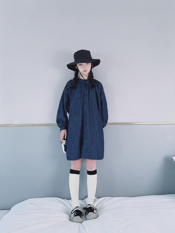 デニム ワンピース 長袖 女の子 子ども キッズ 春秋 Aラインスカート 膝上丈 韓国 コットン 大きいサイズ シングルブレスト ボタン シンプル 無地 おしゃれ バルーン袖 ノーカラー ポケット 紺