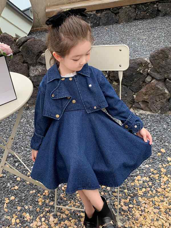 デニム ワンピース 長袖 女の子 子ども キッズ 春秋 ツーピース 韓国 アシンメトリー ミディ丈 フレアスカート ダブルブレスト カジュアル おしゃれ 無地 青