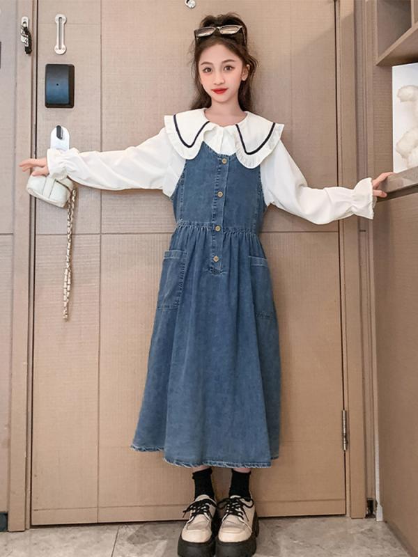 デニム ワンピース 長袖 英国 女の子 子ども キッズ 春秋 2点セット 大きいサイズ 白シャツ ビッグカラー 重ね着 ロング丈 Aラインスカート ゆったり シングルブレスト ポケット