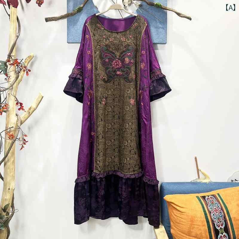 ワンピース エスニック 春夏秋 刺繍 文学 レトロ ゆったり ジャカード レーヨン ラウンドネック プルオーバー ロングスカート 七分袖 紫