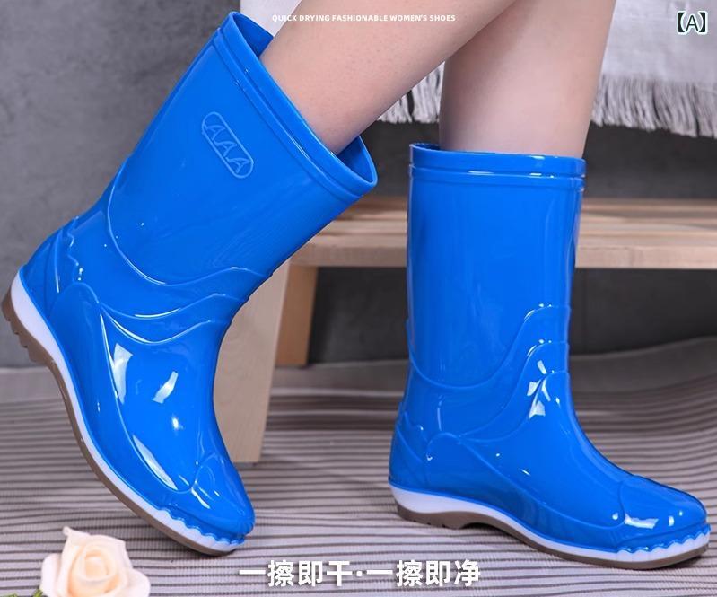 レインブーツ レディース 滑らない オールシーズン ミドル PVC 速乾 滑り止め お手入れ簡単 ラバーシューズ 裏地無し 通気性 柔らかい