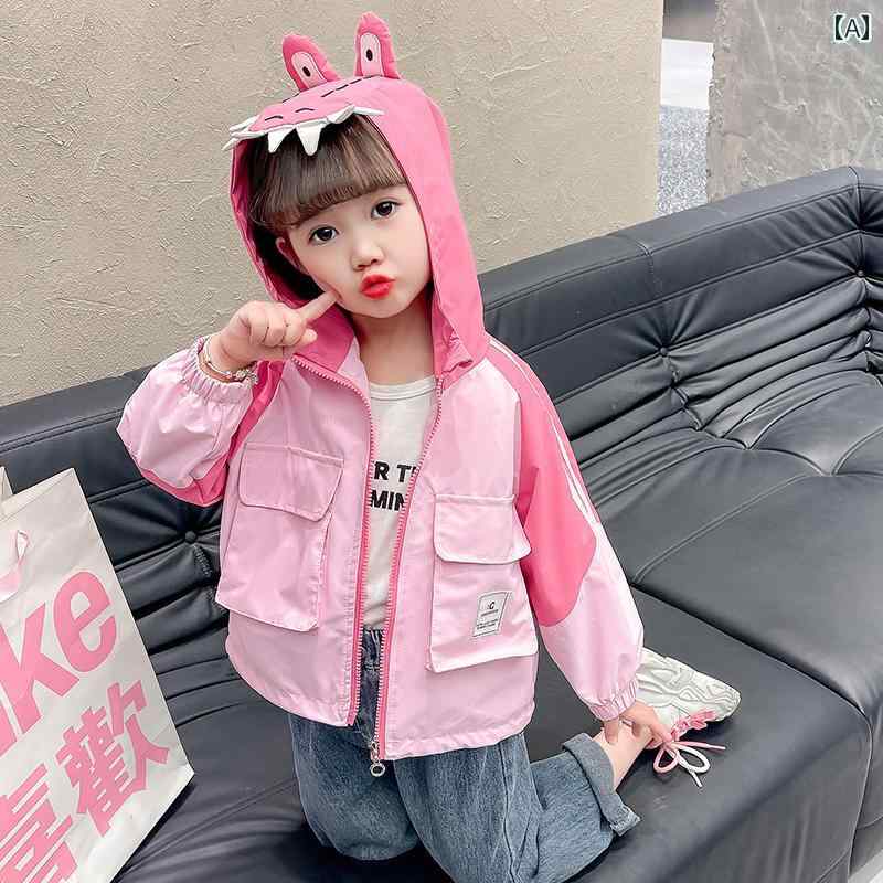 ウインドブレーカー キッズ 女の子 ベビー トップス ジャケット 春秋 ジップアップ フード ポケット 袖口ゴム ソフト ゆったり 防寒 カジュアル かわいい 恐竜 ピンク 緑 通園 通学 お出かけ その1