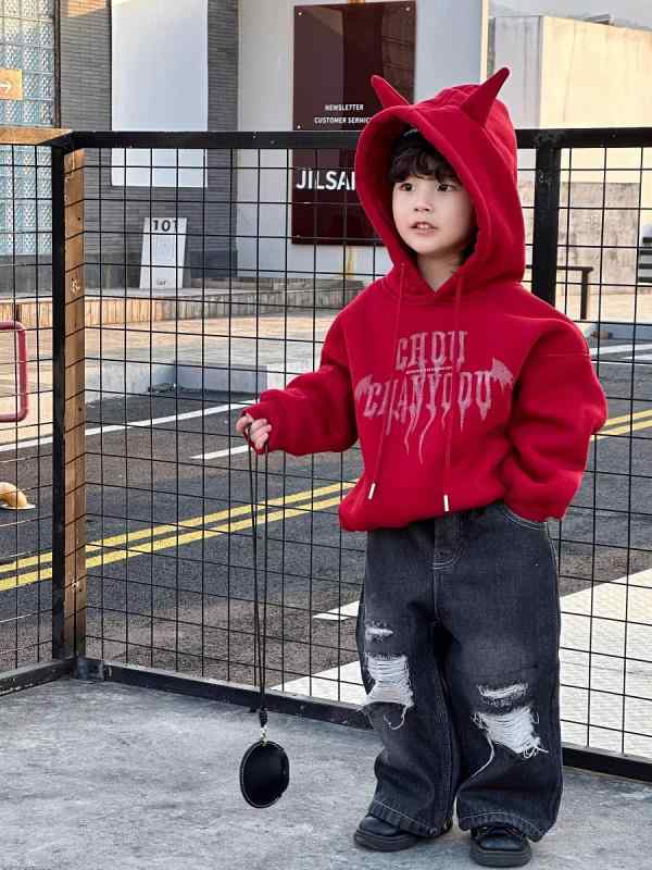 Pullover - キッズ パーカー 男の子 おしゃれ 小悪魔トレーナー 春秋 プルオーバー ゆったり 大きいサイズ 着やすい フード 裏起毛 厚手 暖かい 赤