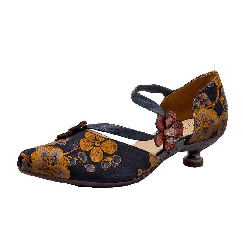 サンダル レディース おしゃれ レトロ 牛革 女性用 靴 チャイナ風 パンプス エスニック ポインテッドトゥ カジュアル お出かけ 普段使い ワンタッチ バックル 花柄
