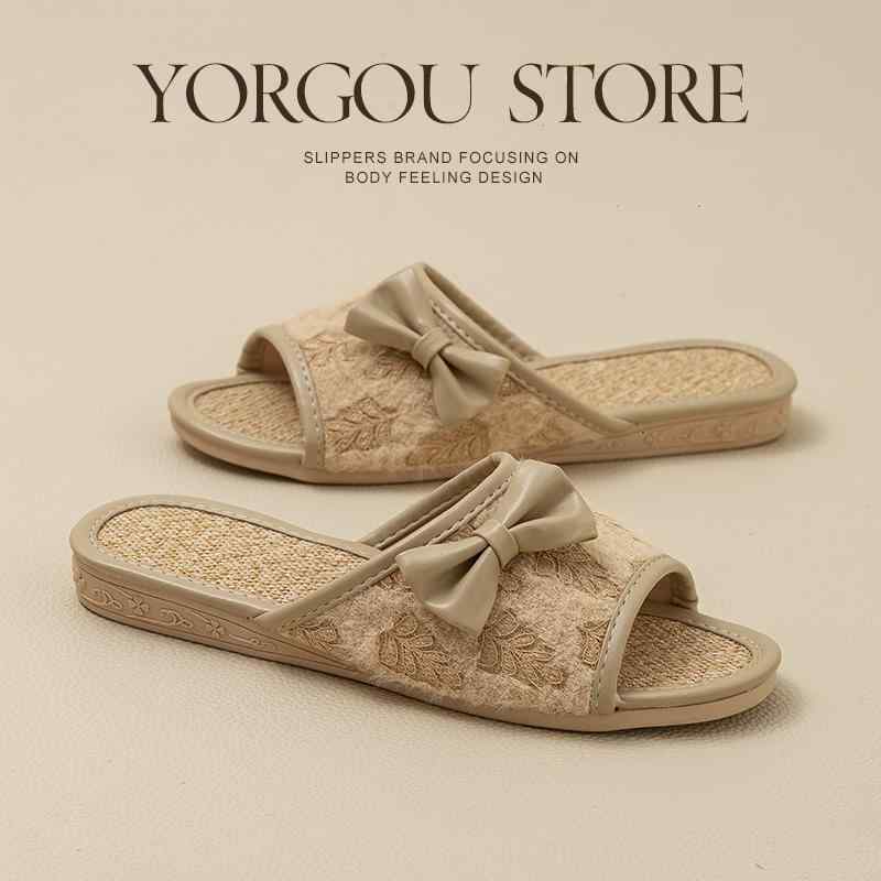 スリッパ 春夏 レディース リネン 麻 滑り止め 通気性 吸汗性 防臭 快適 室内履き リビング キッチン 来客用 ルームシューズ おしゃれ 韓国 リボン 黄色 アプリコット 紫