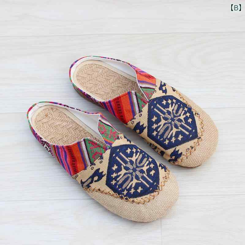 スリッパ 春夏 レディース リネン サンダル 通気性 快適 室内履き キャンバス リビング キッチン ルームシューズ 来客用 エスニック おしゃれ 花柄 青