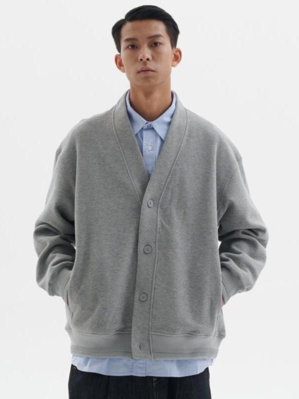 Vネック カーディガン メンズ 大きいサイズ ゆったり 薄手 春秋 ボタン シングルブレスト グレー 黒 シンプル カジュアル おしゃれ