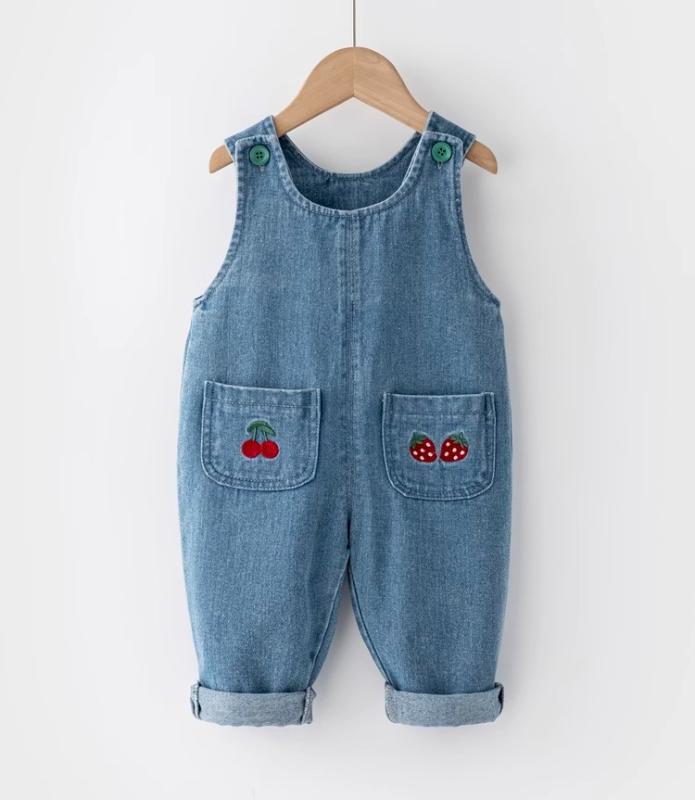 サロペット キッズ 女の子 春秋 子供服 オーバーオール ロングパンツ ズボン カジュアル 普段着 通園 お出かけ かわいい さくらんぼ デニム 青