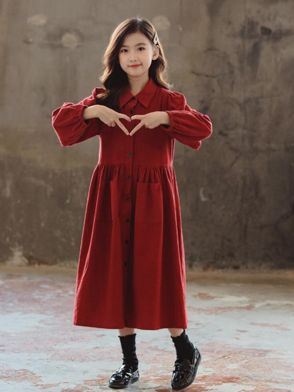 ワンピース キッズ 春秋 女の子 子供服 襟 長袖 ロング丈 カジュアル ショッピング お出かけ かわいい Aライン コットン 韓国 大きいサイズ シンプル 無地 黄色 赤