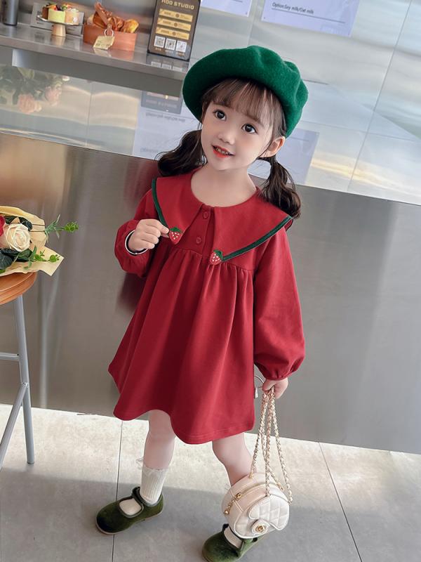 Dresses - ワンピース キッズ 春秋 女の子 子供服 襟 長袖 膝上丈 カジュアル ショッピング お出かけ かわいい Aライン 韓国 いちご 赤