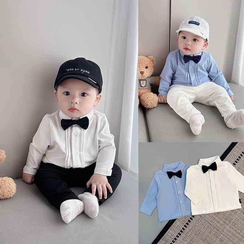 男の子 ベビー 子供 春秋 綿 長袖 シャツ 蝶ネクタイ ロングパンツ 前開き 襟 ボタン パーティー 七五三 入園式 英国風 おしゃれ 白 青 黒
