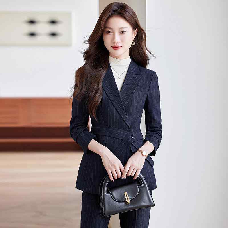 Suits For Job Interviews - セットアップ レディース パンツスーツ ストライプ 高級感 立体裁断 エレガント 通勤 オフィス 仕事着 カジュアル テーラードジャケット ロングパンツ 長袖 ライトブルー グレー ブルー ポリエステル レーヨン 秋冬 事務服