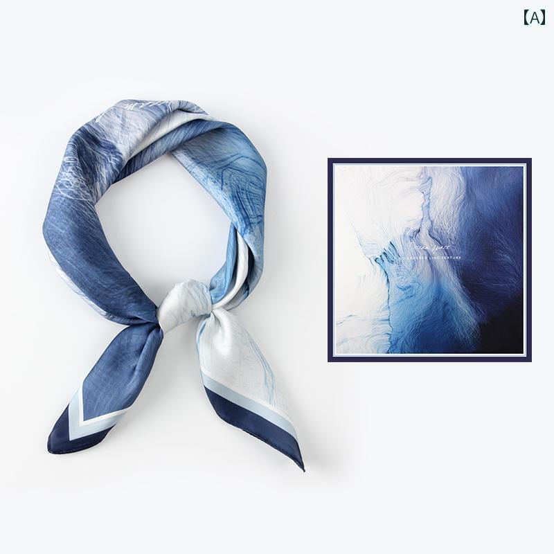 春 スカーフ レディース 正方形 68cm 薄手 滑らか 光沢感 多用途 日焼け対策 ポリエステル おしゃれ プリント 青 ギフト 母の日 誕生日