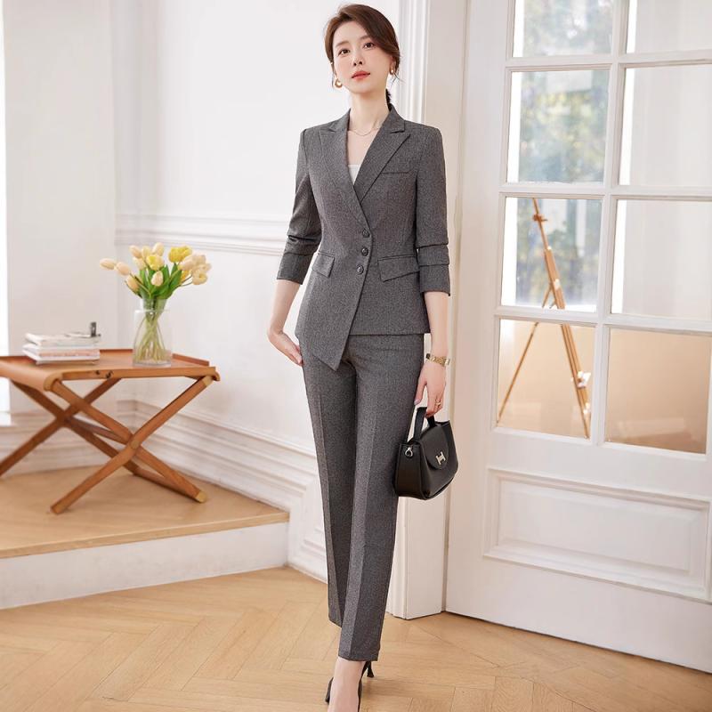 セットアップ レディース パンツスーツ 女性用 ビジネス 通勤 オフィス 事務服 高級感 エレガント フォーマル おしゃれ 長袖 ロング丈 春夏 ポリエステル ストレッチ ブラック グレー ネイビー
