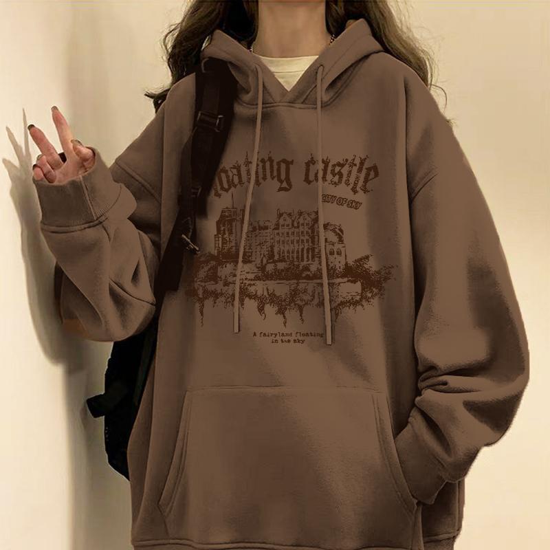 Parka - パーカー レディース 春 アメリカン レトロ 裏起毛 暖かい スウェット秋冬 ストリート ゆったり 大きいサイズ 長袖 プリント カジュアル ポケット 茶 黒 紺
