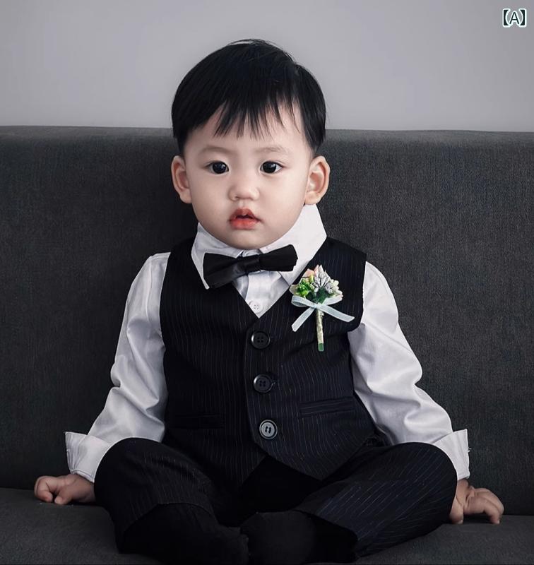 男の子 セットアップ ベビー 子供 韓国 春秋 セットアップ 長袖 ジャケット ベスト シャツ パンツ 前開き ウエストゴム ソフト 通気 パーティー 七五三 入園式 おしゃれ ストライプ 2