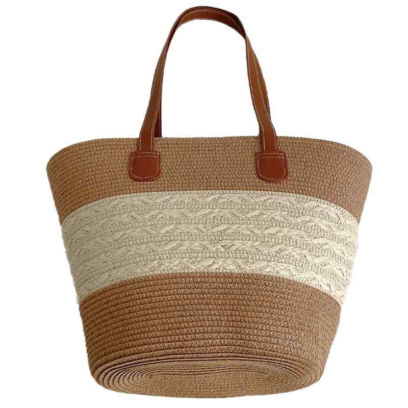 レディース バッグ 夏 麦わら 編み 大容量 バケット型 ショルダー トート 韓国 おしゃれ シンプル ストライプ柄 ビーチ リゾート 旅行 通勤 白 カーキ 茶