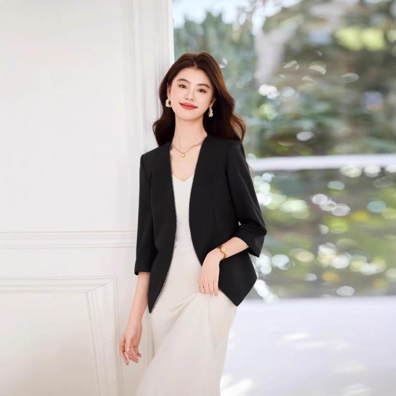 ジャケット レディース 春夏 七分袖 テーラードジャケット セットアップ 上下セット スカート ボトムス シンプル エレガント 上品 きれいめ 通勤 オフィス フォーマル 着痩せ 無地 ブラック ホワイト ポリエステル 30代(4.0)