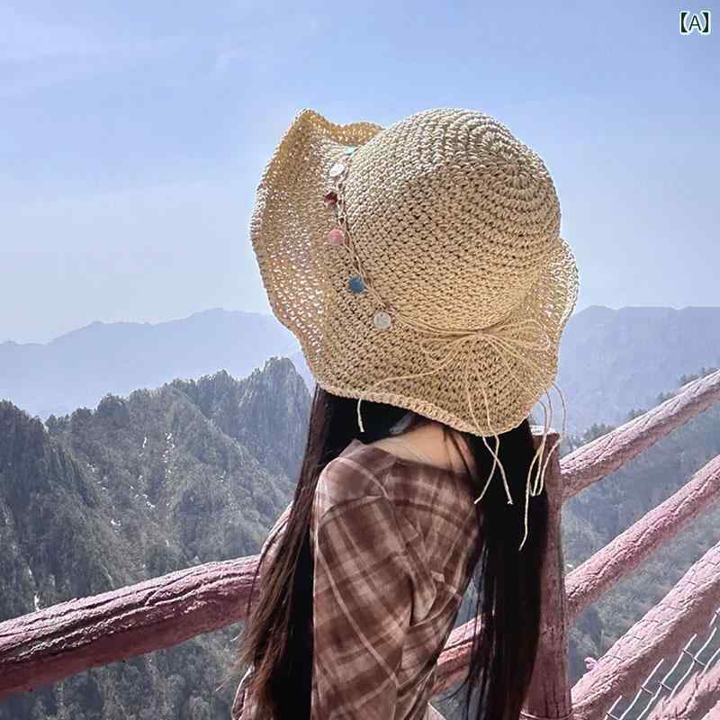 麦わら帽子 レディース つば広 夏 貝殻 飾り 透かし 編み 通気性 日焼け防止 ビーチ リゾート 旅行 シンプル おしゃれ ベージュ カーキ