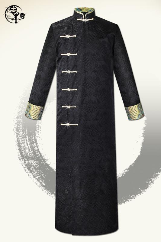 チャイナ服 メンズ チャンパオ ロング ローブ パフォーマンス 衣装 ブラック 大きいサイズ サテン 刺繍 スタンドカラー 長袖