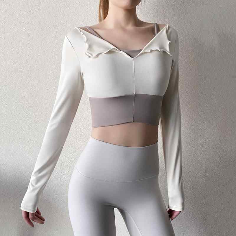 フィットネス ウェア レディース ヨガ トップス 長袖 重ね着風 カップ付き 春秋 タイト 吸湿 速乾 通気性 スリム 白 緑 オレンジ おしゃれ