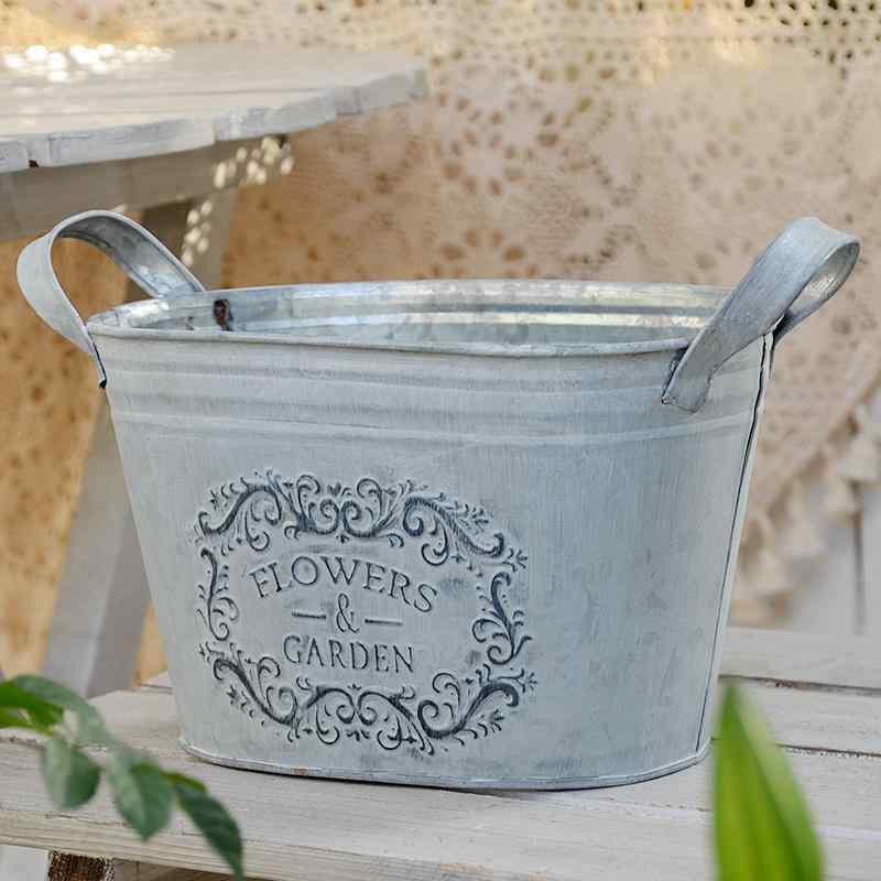 ガーデニング プランター アメリカン アンティーク調 アイアン 持ち手 ポット 植木鉢 園芸 雑貨 小物 観葉 多肉 植物 花 寄せ植え バルコニー 玄関 装飾 おしゃれ シルバー カーキ 英字