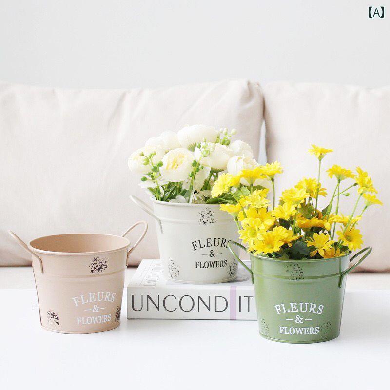 ガーデニング プランター 北欧 レトロ カントリー風 持ち手 フラワーポット 植木鉢 園芸 雑貨 小物 観葉 多肉 植物 寄せ植え バルコニー 玄関 庭 カフェ 装飾 おしゃれ 白 英字