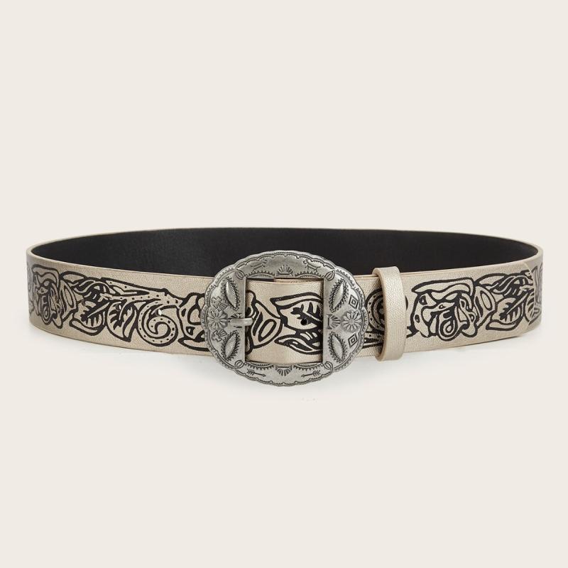 ベルト レディース おしゃれ レトロ 彫刻 バックル ピン ホットガール ワイド 太い アクセサリー 植物 大きめ シルバー 普段使い 旅行 PU 革