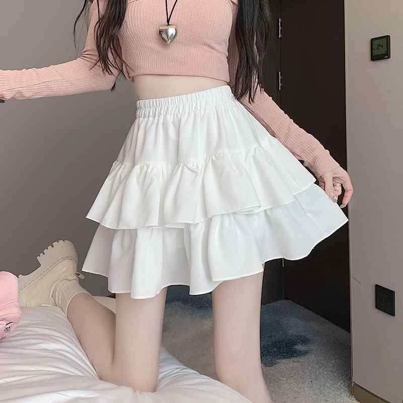 スカート フリル ハイウエスト 夏 レディース スリム Aライン 韓国 黒 白 茶色 シンプル 無地 カジュアル 普段使い ペチコート ふんわ..
