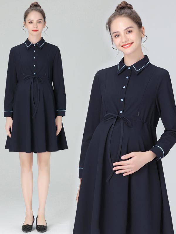 マタニティ ワンピース 仕事 オフィス おしゃれ 襟 授乳口付き 膝上 春秋 ウエストマーク リボン 妊婦 長袖 フォーマル スカート 快適 ネイビー