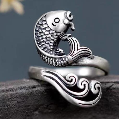 Other - レディース リング 指輪 プレゼント 装飾品 小物 アクセサリー スターリングシルバー925 オープン 揺れる お守り レトロ エスニック カジュアル 魚 蓮