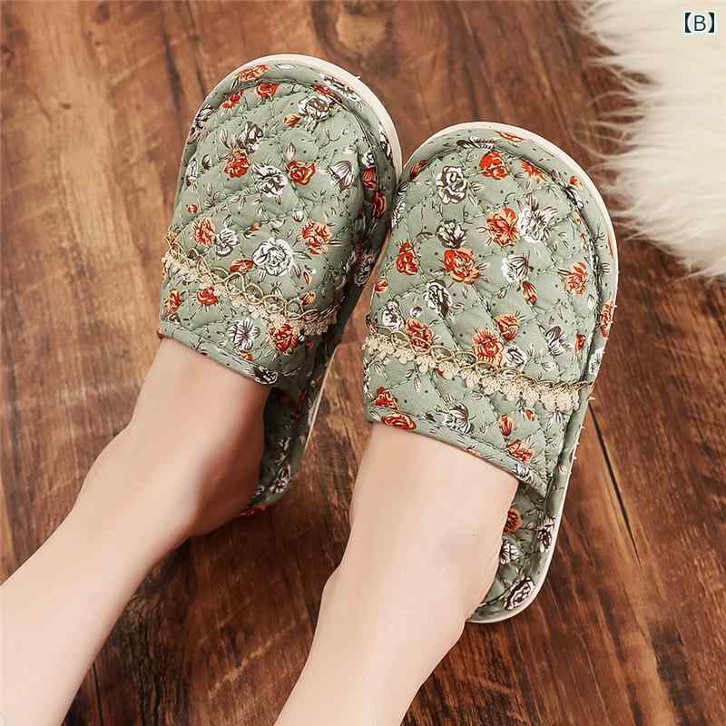 スリッパ 室内 家庭用 リビング ヨーロピアン メンズ レディース カップル 大人 滑り止め ゴム底 耐摩耗性 ソフトソール 春秋 つま先カバー 綿 花柄 レース ピンク 緑 紫 かわいい