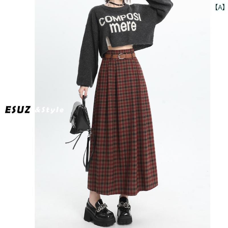 ロングスカート レディース おしゃれ レッド チェック柄 プリーツ Aライン ハイウエスト フレア アンクル丈 秋冬 ヴィンテージ風 学院風