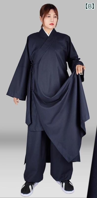 中国 民族 衣装 道士服 メンズ レディース ローブ 春秋 長袖 長ズボン 斜め襟 チャイナボタン 面ファスナー 上下セット変形しにくい 耐摩耗性 防シワ 道教 僧侶 カンフー 太極拳 レトロ 無地 大きいサイズ 紺 黒 白